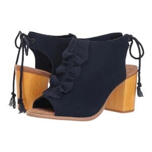 Toms Elba Peep Toe Stacked Wood Block 3” heel bootie sandal 6.5 navy blue ruffle